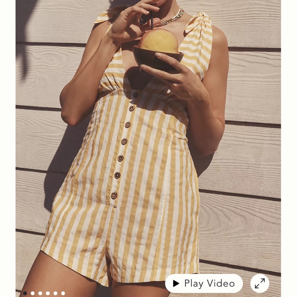 Anthropologie Cream and Yellow Buttoned Jumpsuit Sleeveless One Shoulder